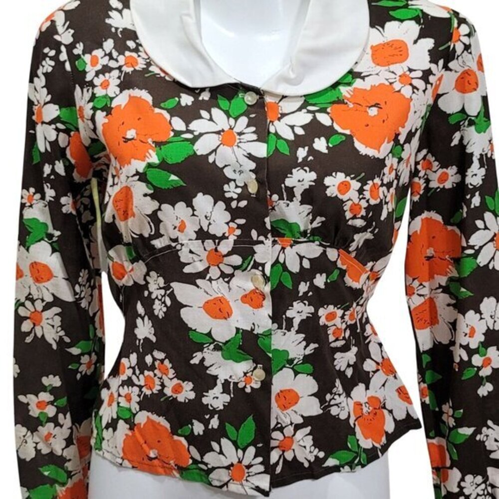 Vintage Floral Long Sleeve Blouse Top Shirt Peter Pan Collar Button Front - Picture 2 of 8